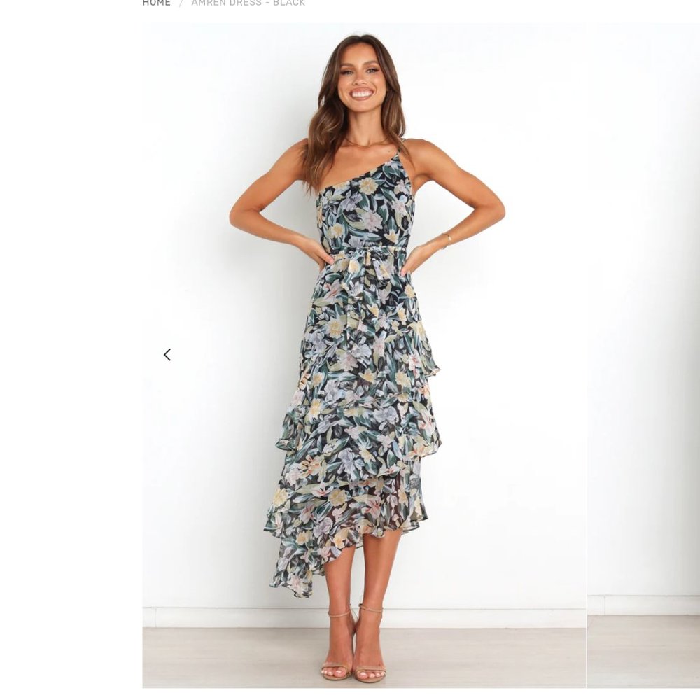 Petal & Pup Amren Black Floral Tie Waist One Shoulder Midi Dress